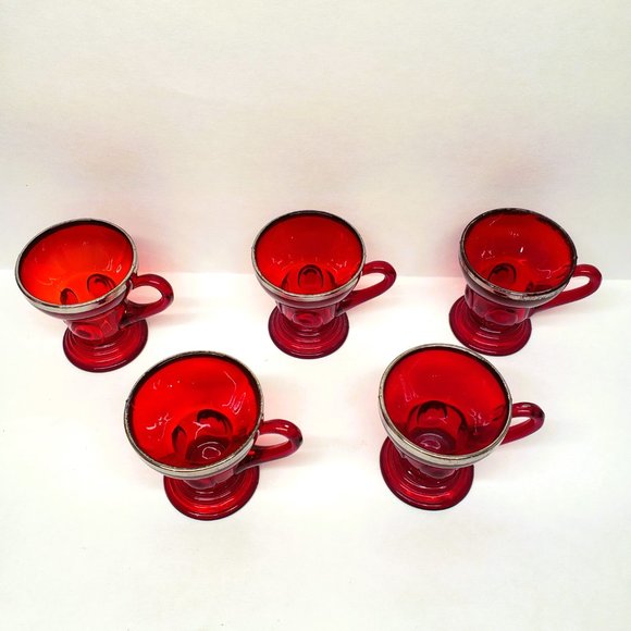 Vintage New Martinsville Ruby Red Moondrops Whiskey Glass Demitasse Gilt Set x5 - Picture 4 of 8
